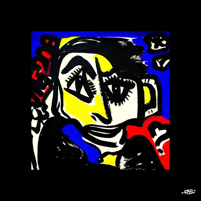 Dessin sur papier unique - portrait jaune bleu rouge - 15 x 15 cm