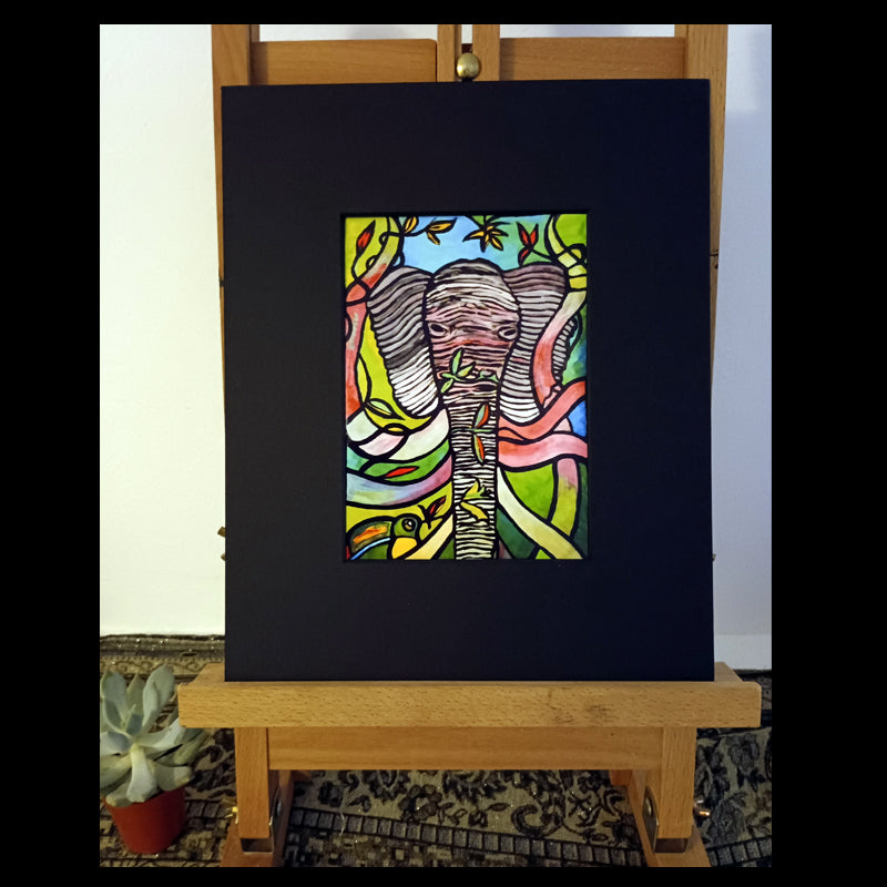 Reproduction - Eléphant impression avec passe-partout noir 24 x 30 cm
